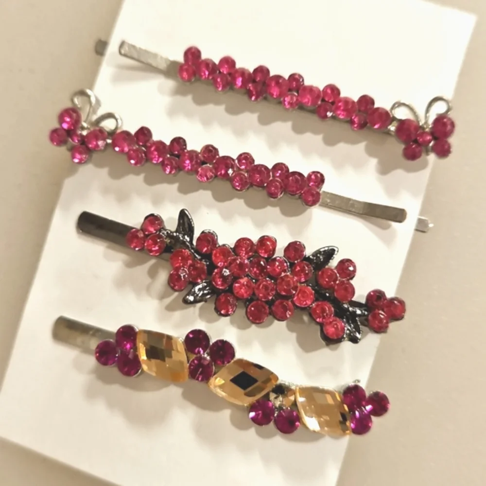 Set Of 4 Pink rhinestone hair pins Special Occasion Bun Braid Prom Party